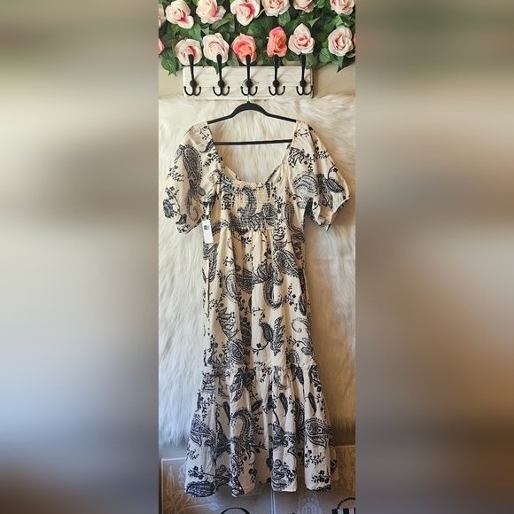 Mexx Voile Cream/Black Floral 100% Cotton Peasant Dress - Picture 6 of 10